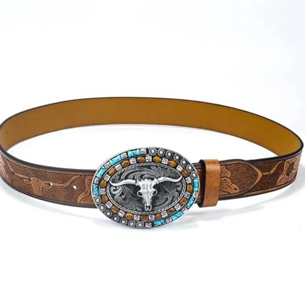Women Western Cowgirl Belt Bull Turquoise Embossed Buckle for 31